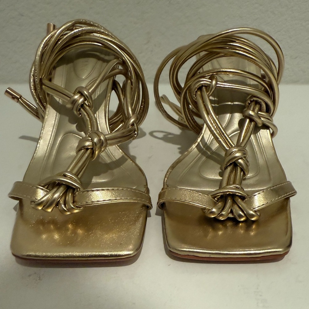 AZALEA WANG Stupendous Gold Ankle Wrap Lace Up High Linking Heel Sandal Size 6.5 - Picture 6 of 15
